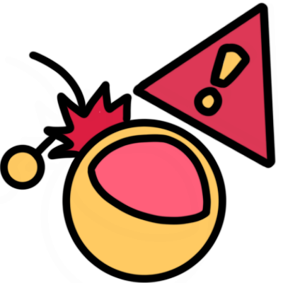 a red spiky impact shape where a yellow circle bounces off a yellow head with a pink brain in it. above is a red triangle with a yellow exclamation mark in it.